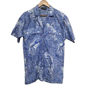 Vintage 80s Escada Top Blue Animal Print Short Sleeve Button Up Shirt